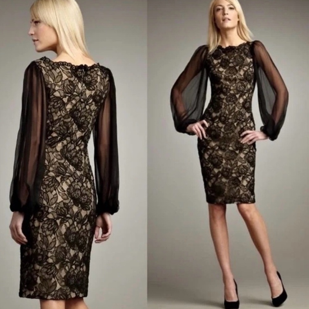 Tadashi Shoji Black Lace Sheer Sleeve Cocktail Dress Size 12